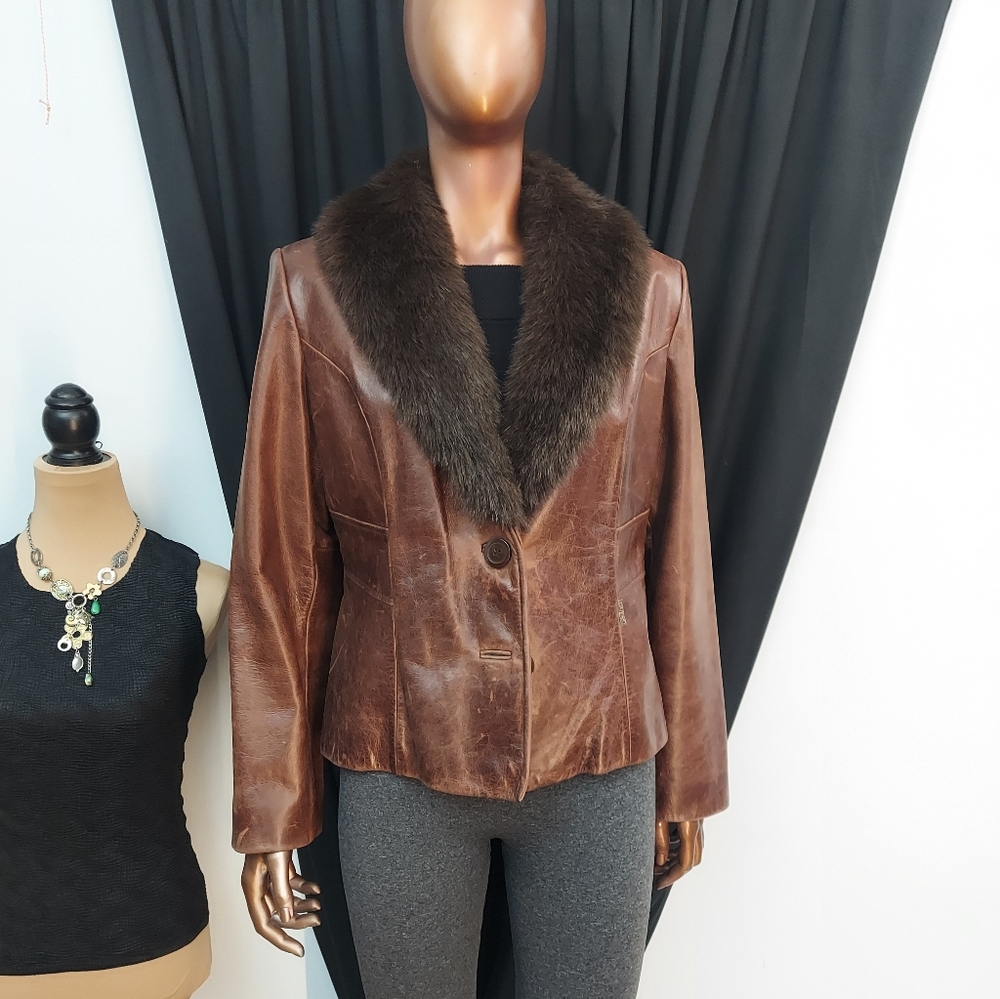Guess Brown Leather Jacket with Faux Fur Collar